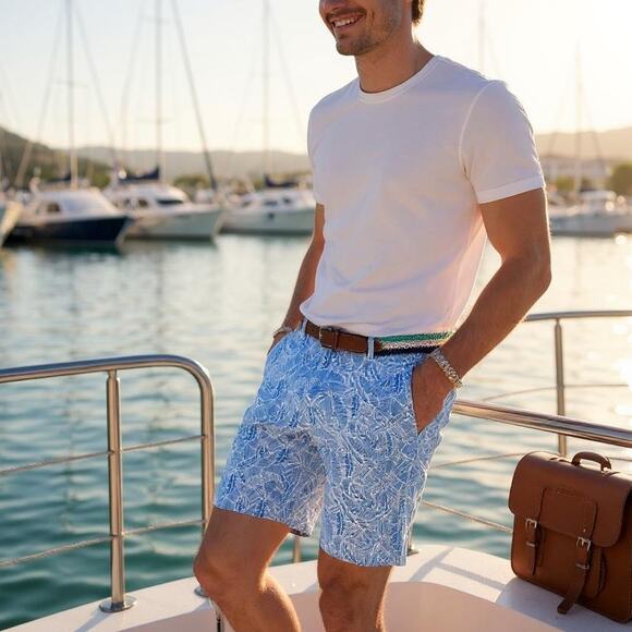 VINEYARD VINES 7" Breaker Shorts Blue Tropical Flat Front Stretch Chino Mens 40 - Picture 1 of 6